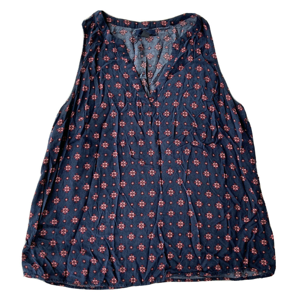 Gap Tank Top Sz L Floral Blue Pink Cropped Scoop Neck Rayon Casual Boho Womens